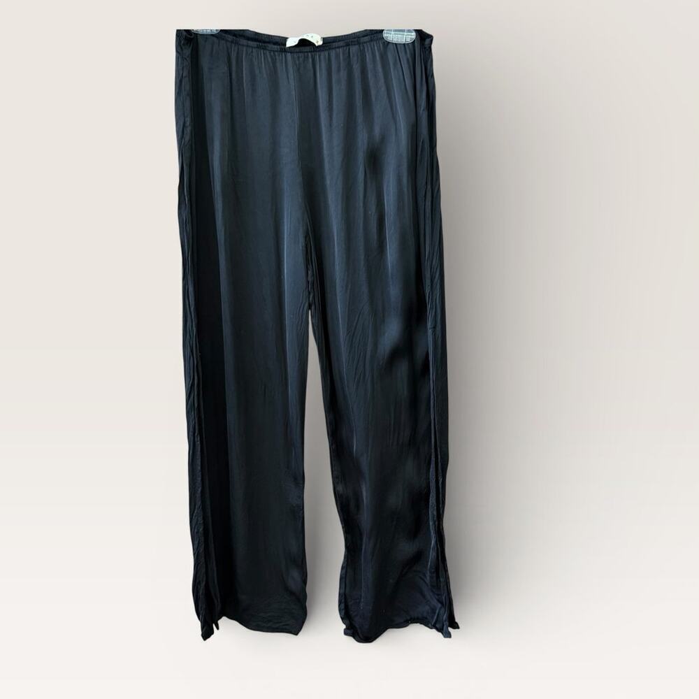 Stark X Anthropologie Black Satin Pants Pull On Size Large Wide Leg Slit Hem